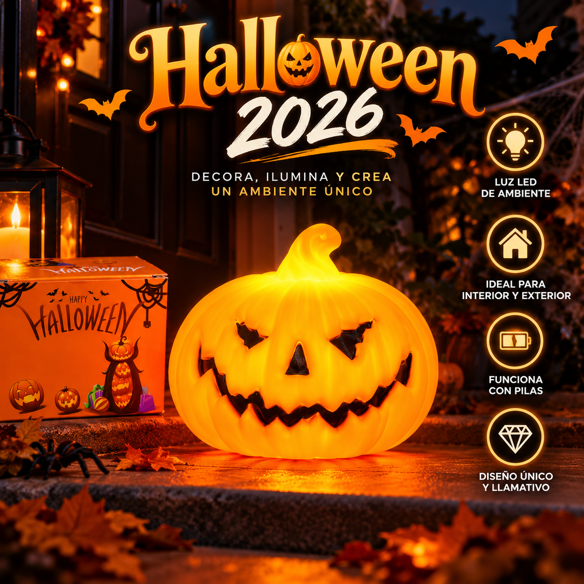 "Calabaza LED Halloween — Luz Decorativa con Caja de Regalo"