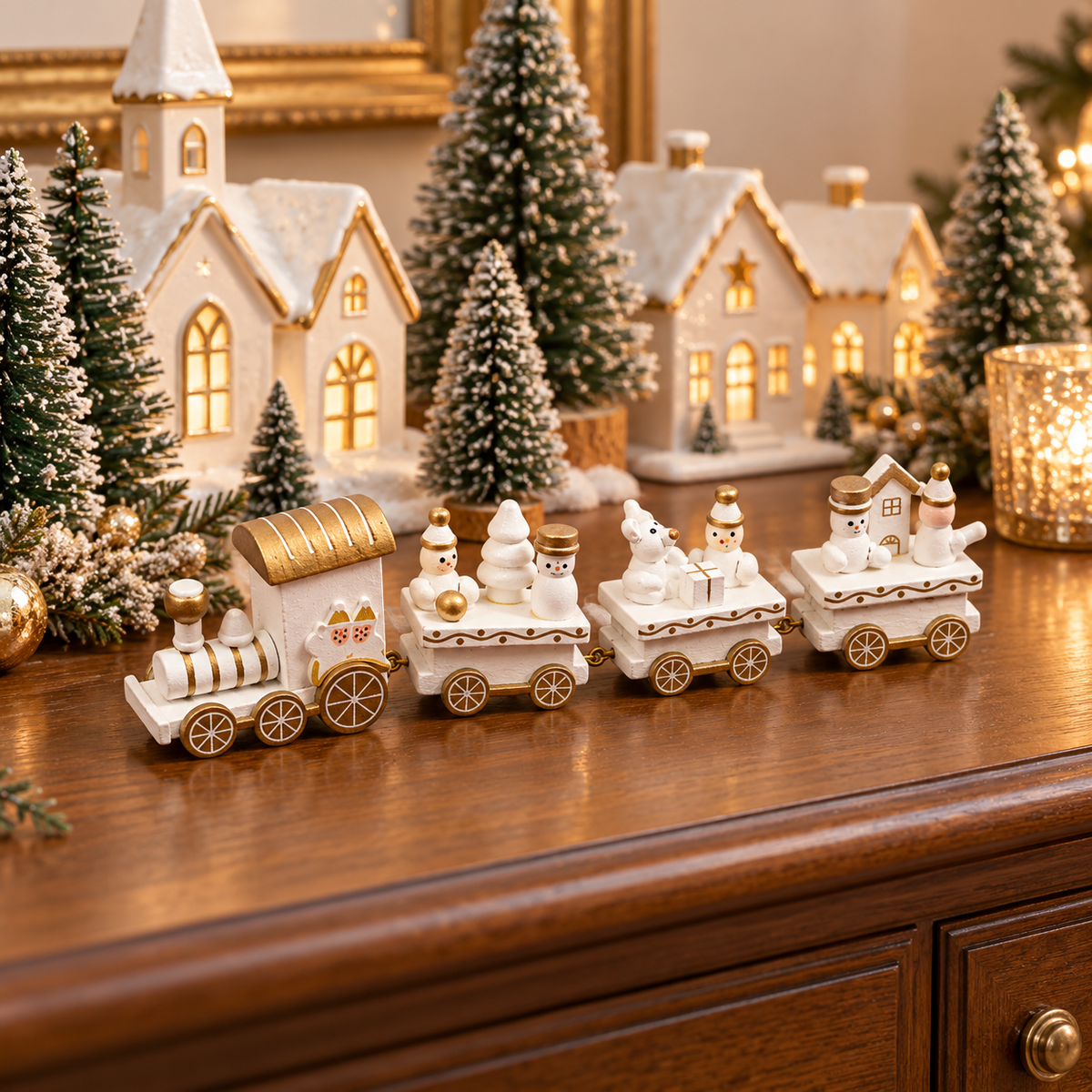 Mini Tren Navideño de Madera: Dale Magia a tu Hogar con 4 Piezas Conectables