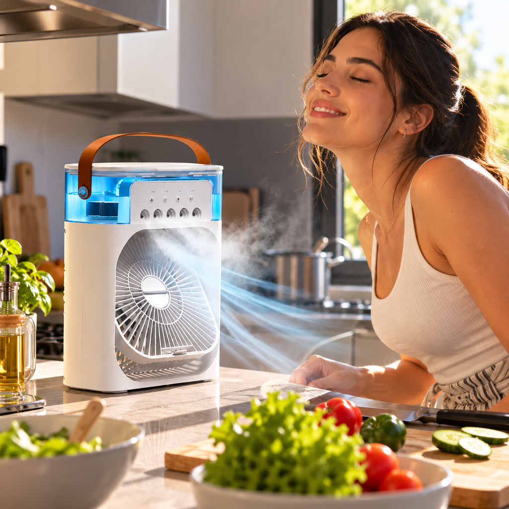 Mini Climatizador Portátil con Humidificador - en uso - Iron Oak Chile
