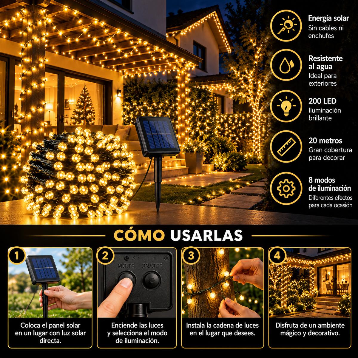 Luces de Navidad Solares 20 m | 200 LED