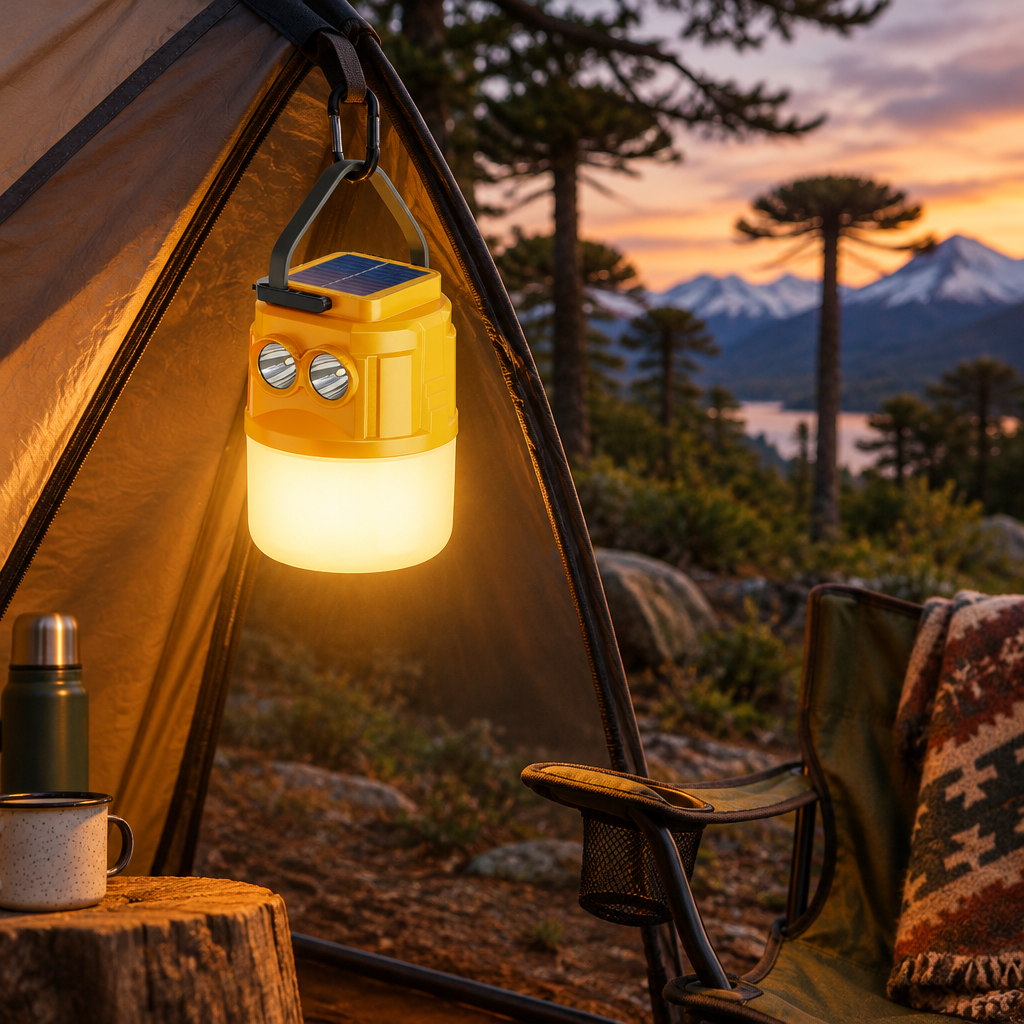 Lámpara de Camping Solar con Doble Foco - en uso - Iron Oak Chile