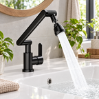 Llave monomando negra instalada en baño - Iron Oak Chile