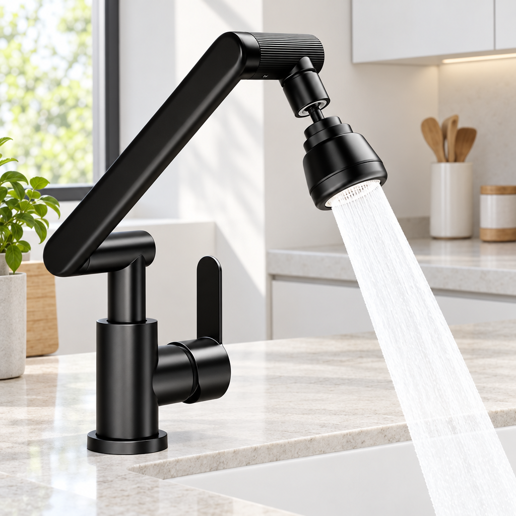 Llave monomando negra con agua corriendo en cocina - Iron Oak Chile