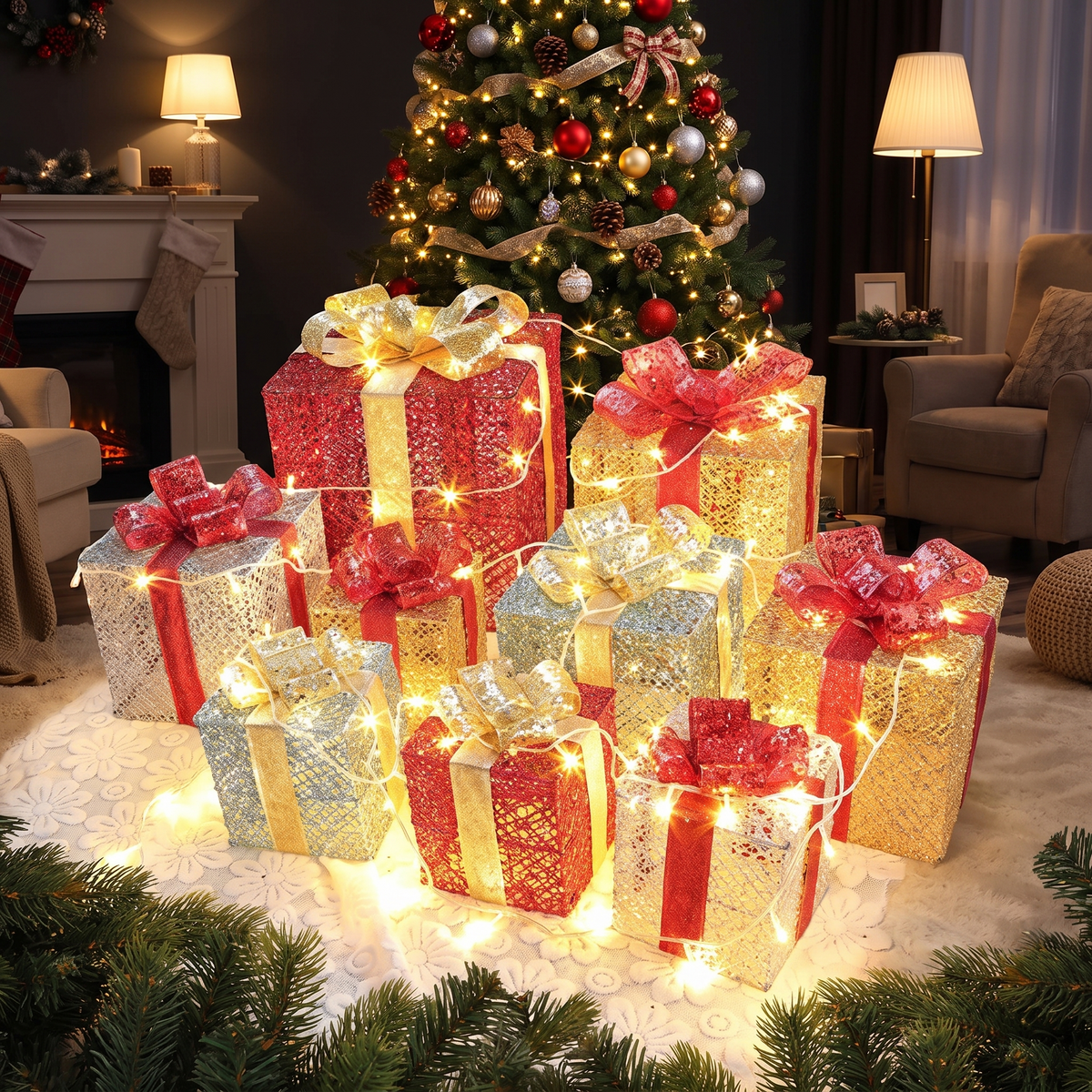 Set 3 Cajas de Regalo Decorativas con Luces LED - vista 4 - Iron Oak Chile