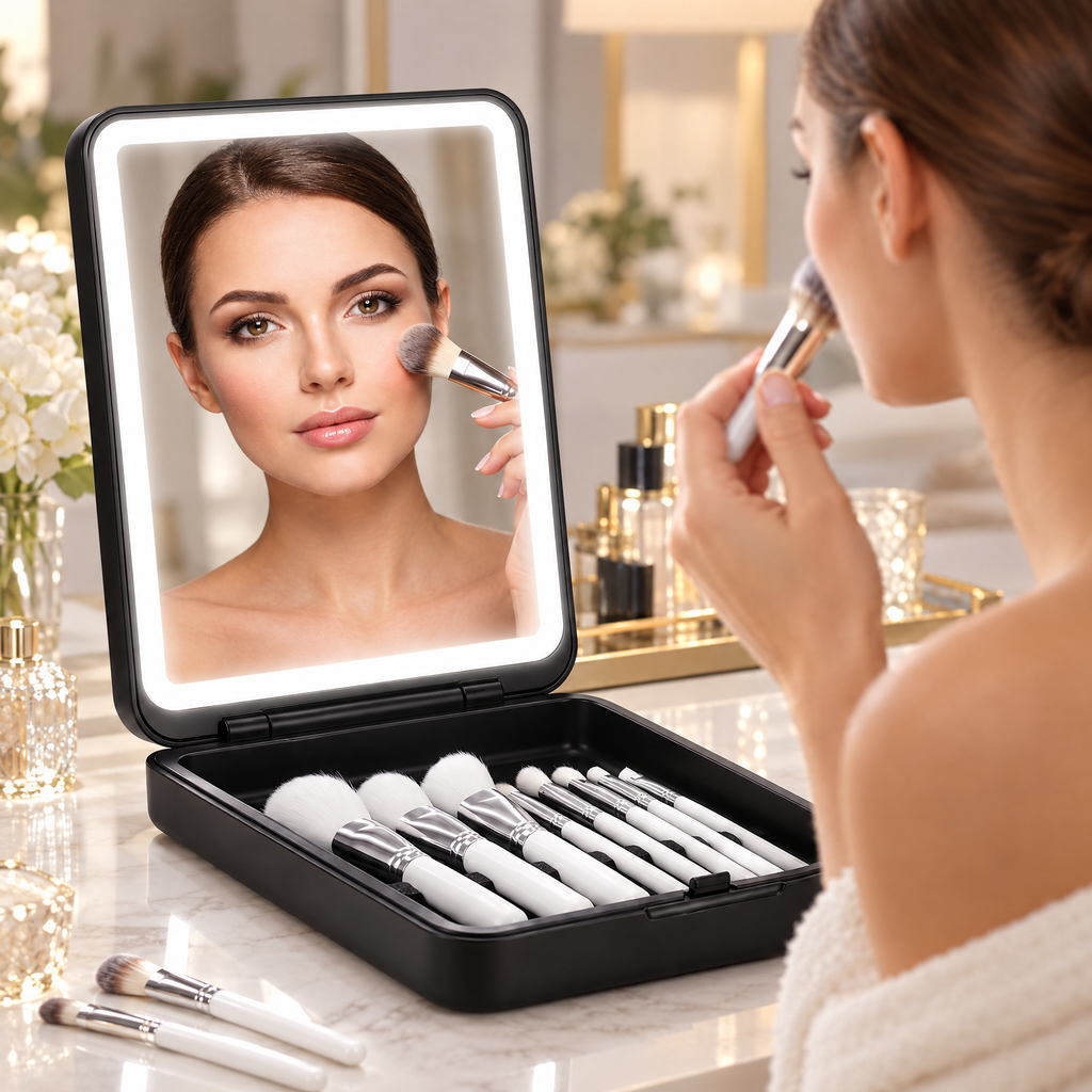 Espejo LED Recargable y Set de 8 Brochas, Maquillaje - foto 5