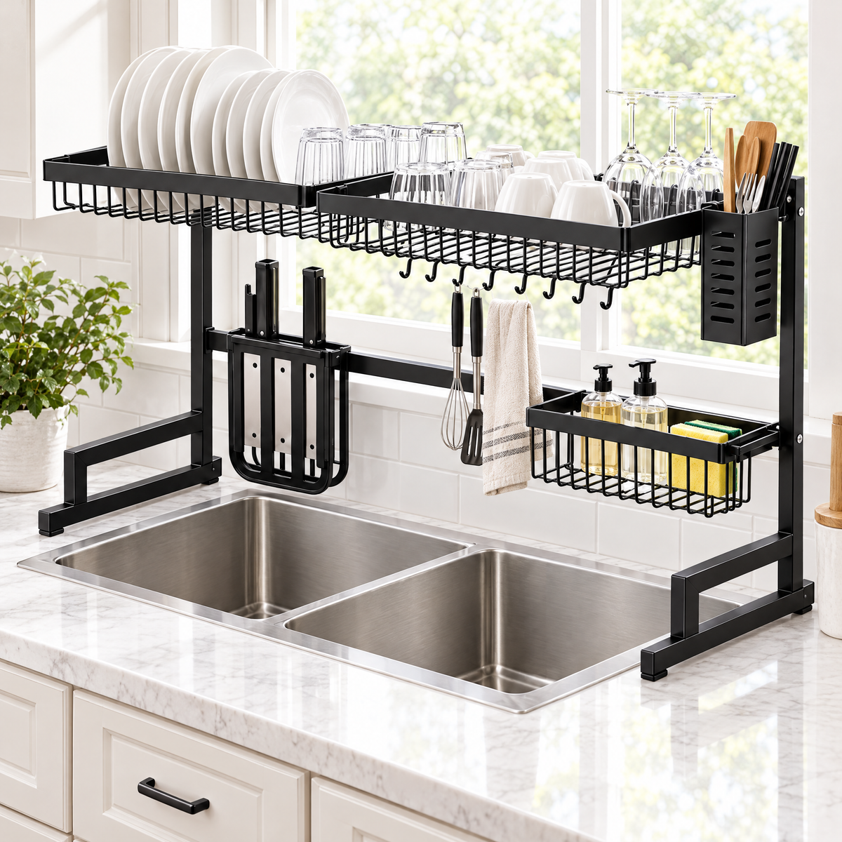 Rack Escurridor de Platos sobre Lavaplatos 85 cm, Acero negro para doble fregadero - foto 5