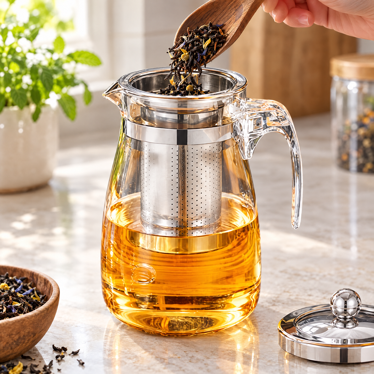 Tetera de vidrio con infusor de acero